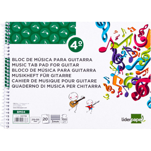Bloc espiral de música para guitarra liderpapel, 4º apaisado, 6 hexagramas de 3 mm. 100 grs/m². 20 hj.