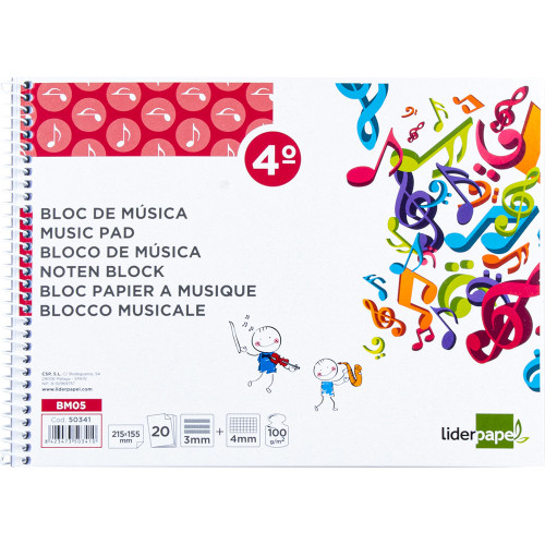 Bloc espiral de música liderpapel, 4º apaisado, 3 pentagramas de 3 mm. + 3 cuadrículas de 4x4 mm. 100 grs/m². 20 hj.