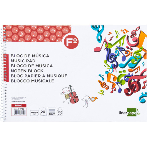 Bloc espiral de música liderpapel, fº apaisado, 8 pentagramas de 3 mm. 100 grs/m². 20 hj.