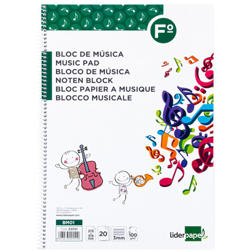 Bloc espiral de música liderpapel, fº natural, 12 pentagramas de 3 mm. 100 grs/m². 20 hj.