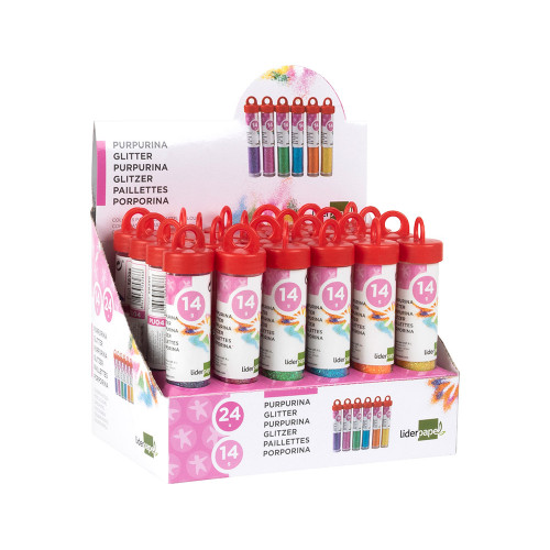 Purpurina fantasía liderpapel, caja con 24 botes de 14 grs. colores surtidos metalizados pastel