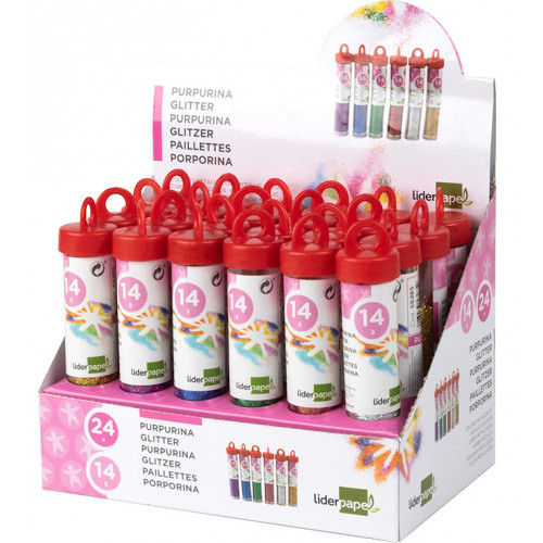 Purpurina fantasía liderpapel, caja con 24 botes de 14 grs. colores surtidos metalizados