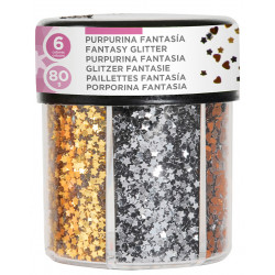 Purpurina fantasía en forma de corazón y estrellas liderpapel, bote de 80 grs. oro/plata