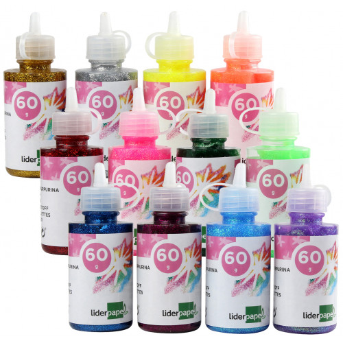 Pegamento con purpurina fantasía liderpapel, bote de 60 grs. colores surtidos metálicos y pastel.