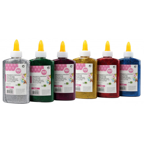 Pegamento con purpurina fantasía liderpapel, caja con 6 botes de 160 grs. colores surtidos metalizados