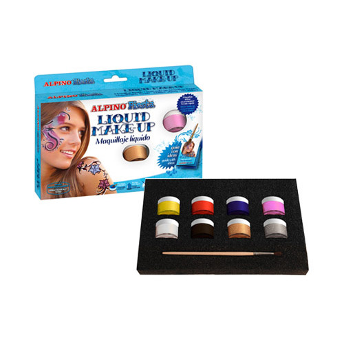 Maquillaje líquido alpino liquid make-up, estuche de 8 frascos de 10 grs. en colores surtidos, pincel y folleto con ideas.
