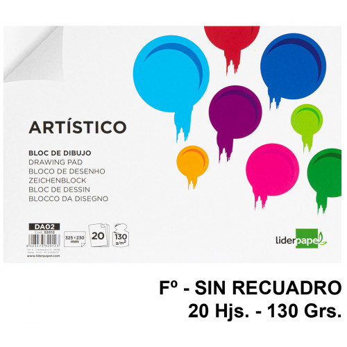 Bloc encolado de dibujo liderpapel artístico, fº, sin recuadro, 130 grs/m². 20 hj.