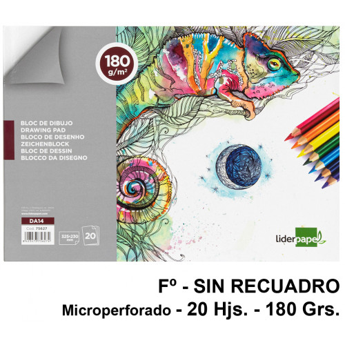 Bloc encolado de dibujo liderpapel artístico, fº, microperforado, sin recuadro, 180 grs/m². 20 hj.