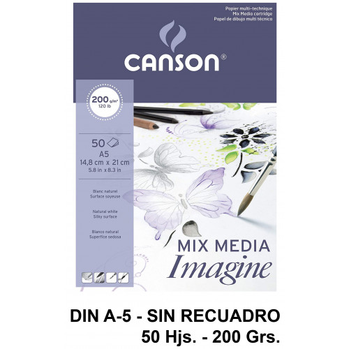 Bloc encolado de dibujo canson imagine, din a5, sin recuadro, 200 grs/m². 50 hj.