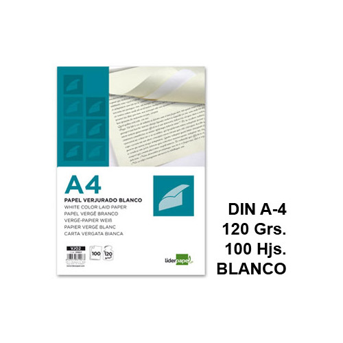 Papel verjurado liderpapel, din a4, 120 grs/m². blanco, paquete de 100 hojas