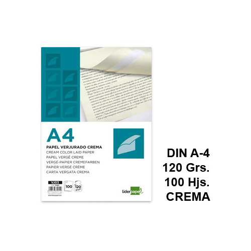 Papel verjurado liderpapel, din a4, 120 grs/m². crema, paquete de 100 hojas