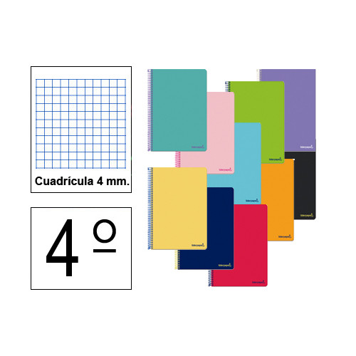 Cuaderno espiral tapa blanda liderpapel serie smart en formato 4º, 80 hj. 60 grs/m². 4x4 c/m. colores surtidos.