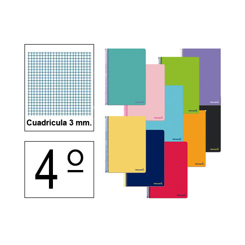 Cuaderno espiral tapa blanda liderpapel serie smart, 4º, 80 hj. 60 grs/m². 3x3 c/m. colores surtidos