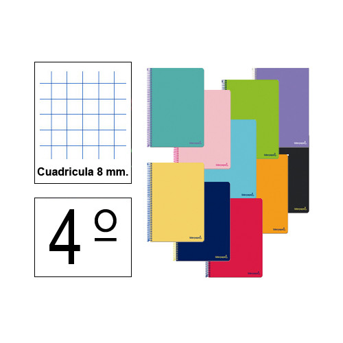 Cuaderno espiral tapa blanda liderpapel serie smart, 4º, 80 hj. 60 grs/m². 8x8 c/m. colores surtidos
