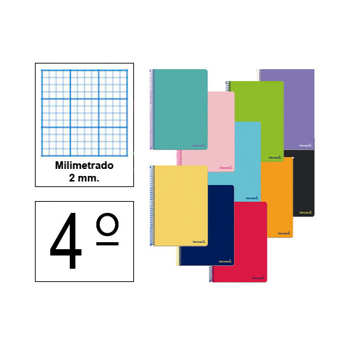Cuaderno espiral tapa blanda liderpapel serie smart, 4º, 80 hj. 60 grs/m². milimetrado 2 mm. s/m. colores surtidos