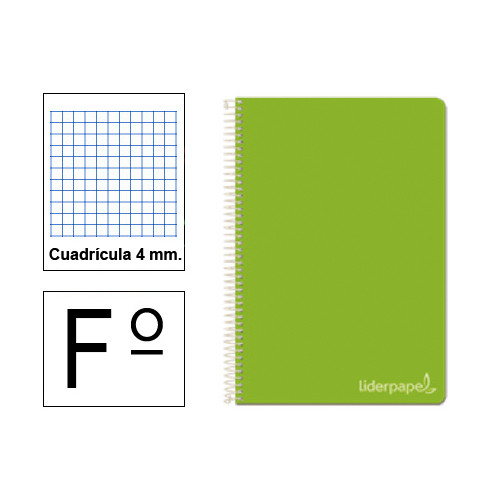 Cuaderno espiral tapa dura liderpapel serie witty en formato fº, 80 hj. 75 grs/m². 4x4 c/m. color verde.