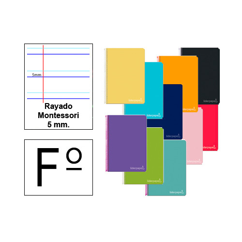 Cuaderno espiral tapa dura liderpapel serie witty en formato fº, 80 hj. 75 grs/m². rayado montessori 5 mm. c/m.