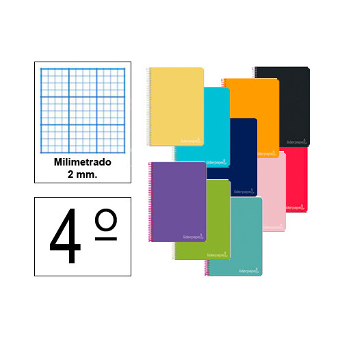 Cuaderno espiral tapa dura liderpapel serie witty, 4º, 80 hj. 75 grs/m². milimetrado 2 mm. s/m. colores surtidos