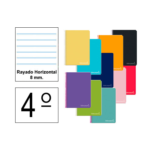 Cuaderno espiral tapa dura liderpapel serie witty, 4º, 80 hj. 75 grs/m². rayado horizontal 8 mm. c/m. colores surtidos