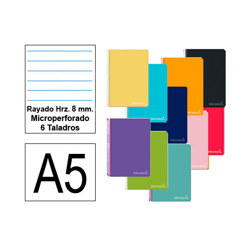 Cuaderno espiral tapa dura liderpapel serie witty, din a5, 120 hj. 90 grs/m². rayado horizontal 8 mm. microperforado, 6 taladros