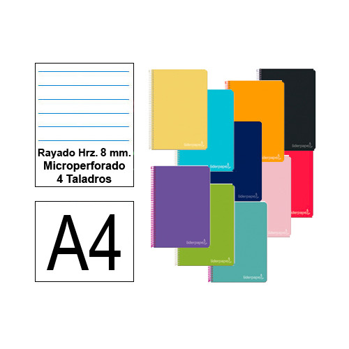 Cuaderno espiral tapa dura liderpapel serie witty en formato din a-4, 140 hj. 75 grs/m². rayado hrz. c/m. micro. 4 taladros.