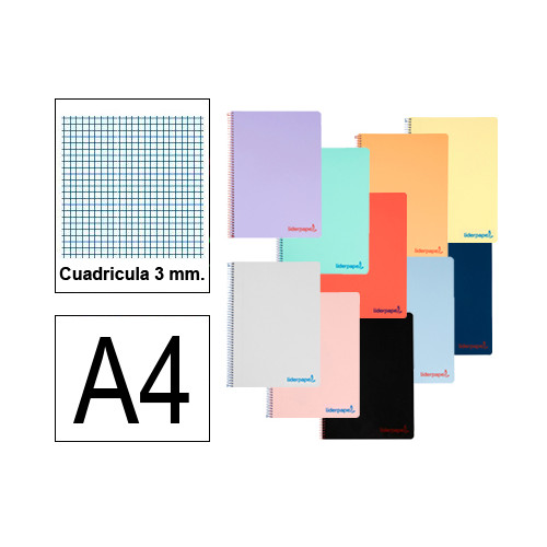 Cuaderno espiral tapa de polipropileno liderpapel serie wonder en formato din a-4, 80 hj. 90 grs/m². 3x3 c/m. colores surtidos.