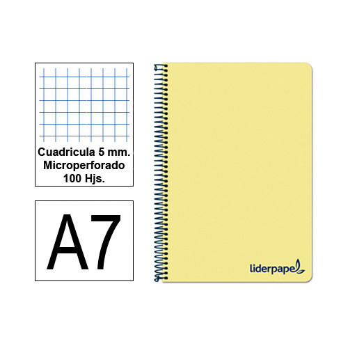 Cuaderno espiral tapa de polipropileno liderpapel serie wonder, din a7, 100 hj. 90 grs/m². 5x5 s/m. amarillo
