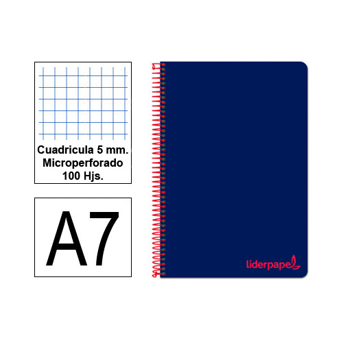 Cuaderno espiral tapa de polipropileno liderpapel serie wonder, din a7, 100 hj. 90 grs/m². 5x5 s/m. azul marino