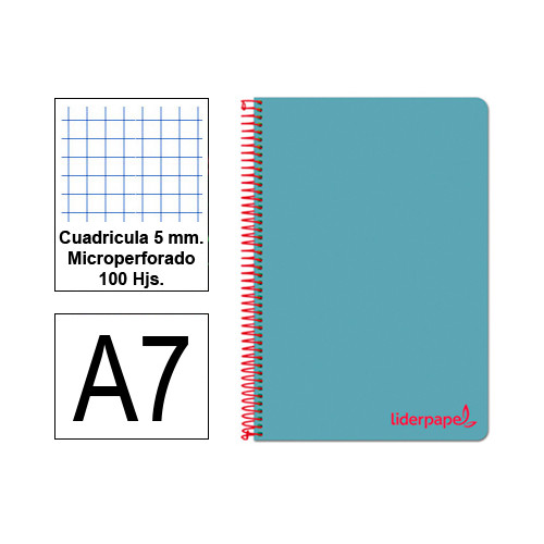 Cuaderno espiral tapa de polipropileno liderpapel serie wonder, din a7, 100 hj. 90 grs/m². 5x5 s/m. celeste