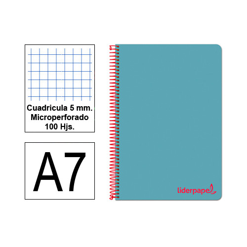 Cuaderno espiral tapa de polipropileno liderpapel serie wonder en formato din a-7, 100 hj. 90 grs/m². 5x5 c/m. color celeste.