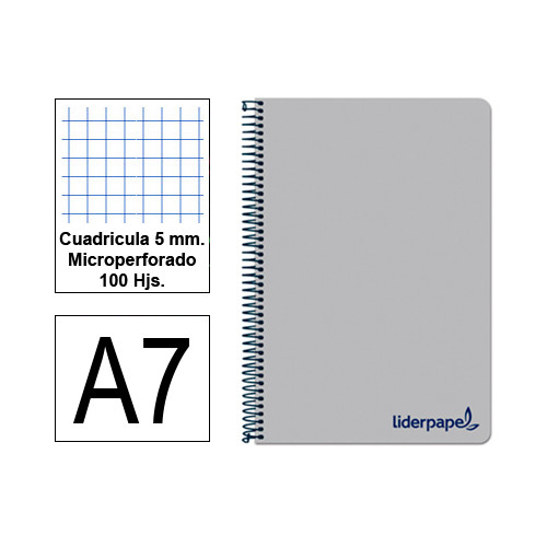 Cuaderno espiral tapa de polipropileno liderpapel serie wonder, din a7, 100 hj. 90 grs/m². 5x5 s/m. gris