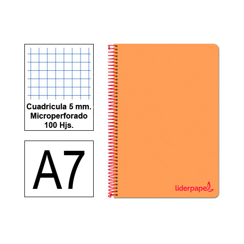 Cuaderno espiral tapa de polipropileno liderpapel serie wonder, din a7, 100 hj. 90 grs/m². 5x5 s/m. naranja
