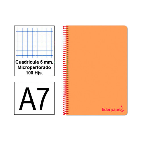 Cuaderno espiral tapa de polipropileno liderpapel serie wonder en formato din a-7, 100 hj. 90 grs/m². 5x5 c/m. color naranja.