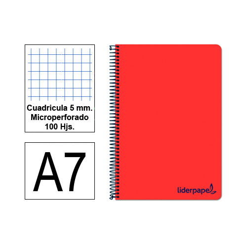 Cuaderno espiral tapa de polipropileno liderpapel serie wonder en formato din a-7, 100 hj. 90 grs/m². 5x5 c/m. color rojo.