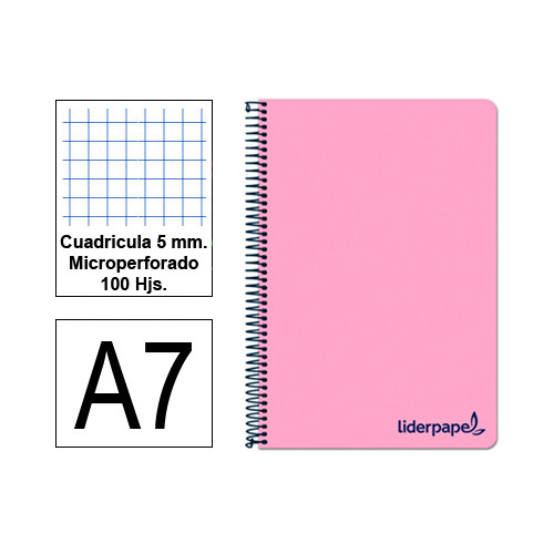 Cuaderno espiral tapa de polipropileno liderpapel serie wonder, din a7, 100 hj. 90 grs/m². 5x5 s/m. rosa