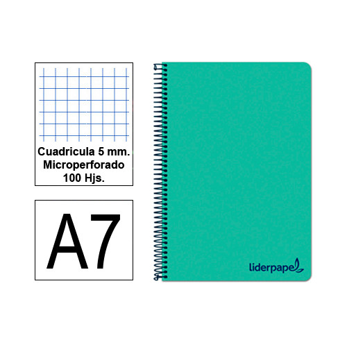 Cuaderno espiral tapa de polipropileno liderpapel serie wonder, din a7, 100 hj. 90 grs/m². 5x5 s/m. verde