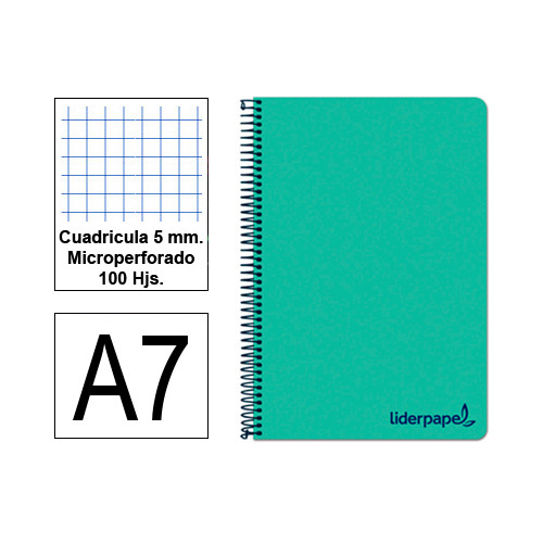 Cuaderno espiral tapa de polipropileno liderpapel serie wonder en formato din a-7, 100 hj. 90 grs/m². 5x5 c/m. color verde.