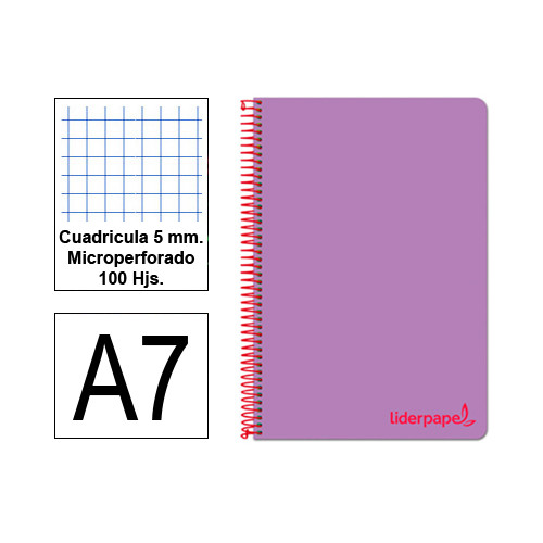 Cuaderno espiral tapa de polipropileno liderpapel serie wonder, din a7, 100 hj. 90 grs/m². 5x5 s/m. violeta