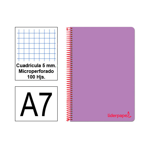 Cuaderno espiral tapa de polipropileno liderpapel serie wonder en formato din a-7, 100 hj. 90 grs/m². 5x5 c/m. color violeta.