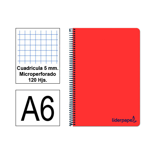 Cuaderno espiral tapa de polipropileno liderpapel serie wonder, din a6, 120 hj. 90 grs/m². 5x5 s/m. rojo