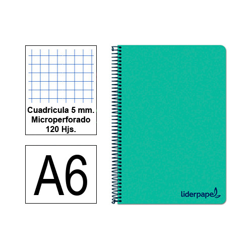 Cuaderno espiral tapa de polipropileno liderpapel serie wonder, din a6, 120 hj. 90 grs/m². 5x5 s/m. verde