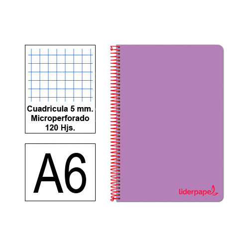 Cuaderno espiral tapa de polipropileno liderpapel serie wonder, din a6, 120 hj. 90 grs/m². 5x5 s/m. violeta