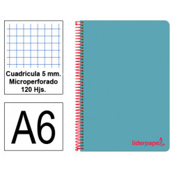 Cuaderno espiral tapa de polipropileno liderpapel serie wonder, din a6, 120 hj. 90 grs/m². 5x5 s/m. celeste
