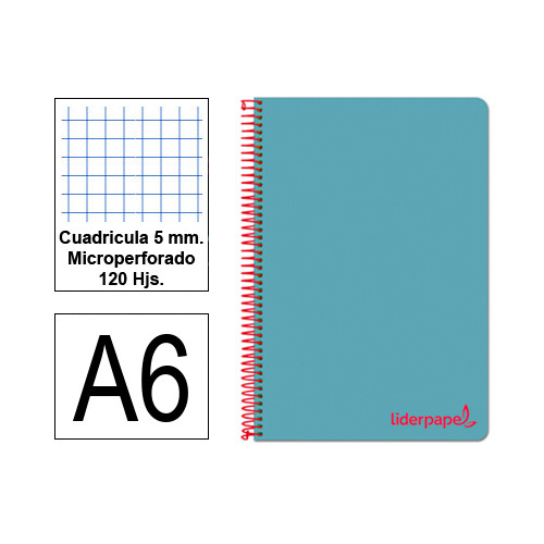 Cuaderno espiral tapa de polipropileno liderpapel serie wonder, din a6, 120 hj. 90 grs/m². 5x5 s/m. celeste