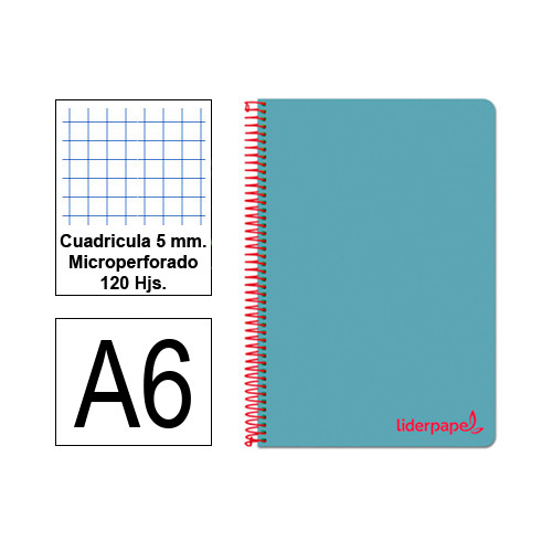 Cuaderno espiral tapa de polipropileno liderpapel serie wonder en formato din a-6, 120 hj. 90 grs/m². 5x5 c/m. color celeste.