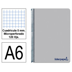 Cuaderno espiral tapa de polipropileno liderpapel serie wonder, din a6, 120 hj. 90 grs/m². 5x5 s/m. gris