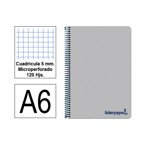 Cuaderno espiral tapa de polipropileno liderpapel serie wonder en formato din a-6, 120 hj. 90 grs/m². 5x5 c/m. color gris.