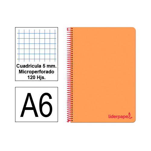 Cuaderno espiral tapa de polipropileno liderpapel serie wonder, din a6, 120 hj. 90 grs/m². 5x5 s/m. naranja