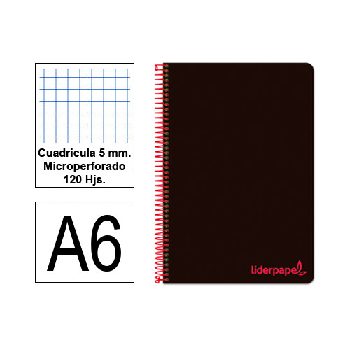 Cuaderno espiral tapa de polipropileno liderpapel serie wonder, din a6, 120 hj. 90 grs/m². 5x5 s/m. negro