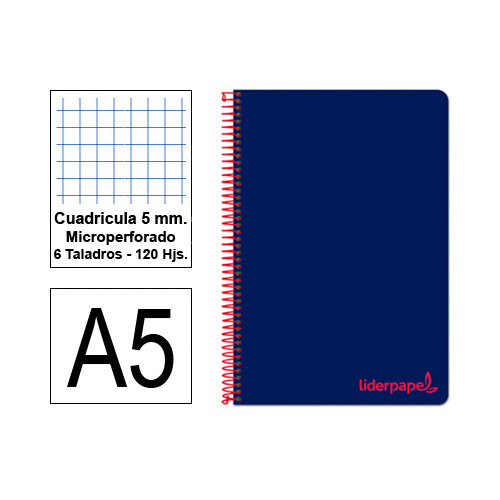 Cuaderno espiral con tapas de polipropileno liderpapel serie wonder, din a5, 120 hj. 90 grs/m². 5x5 s/m. azul marino